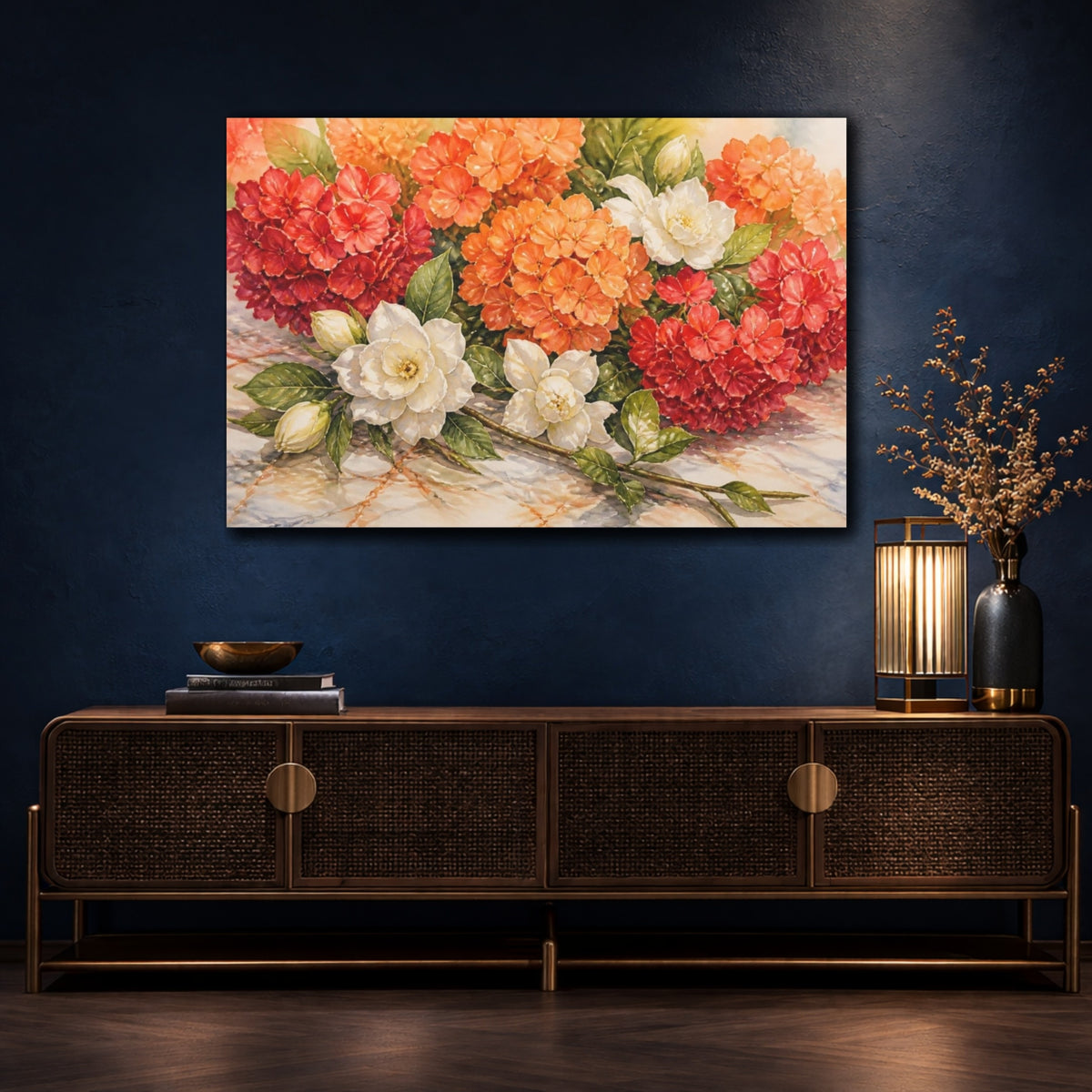 Mockup 4. Orange Hydrangea Flowers shown as canvas print