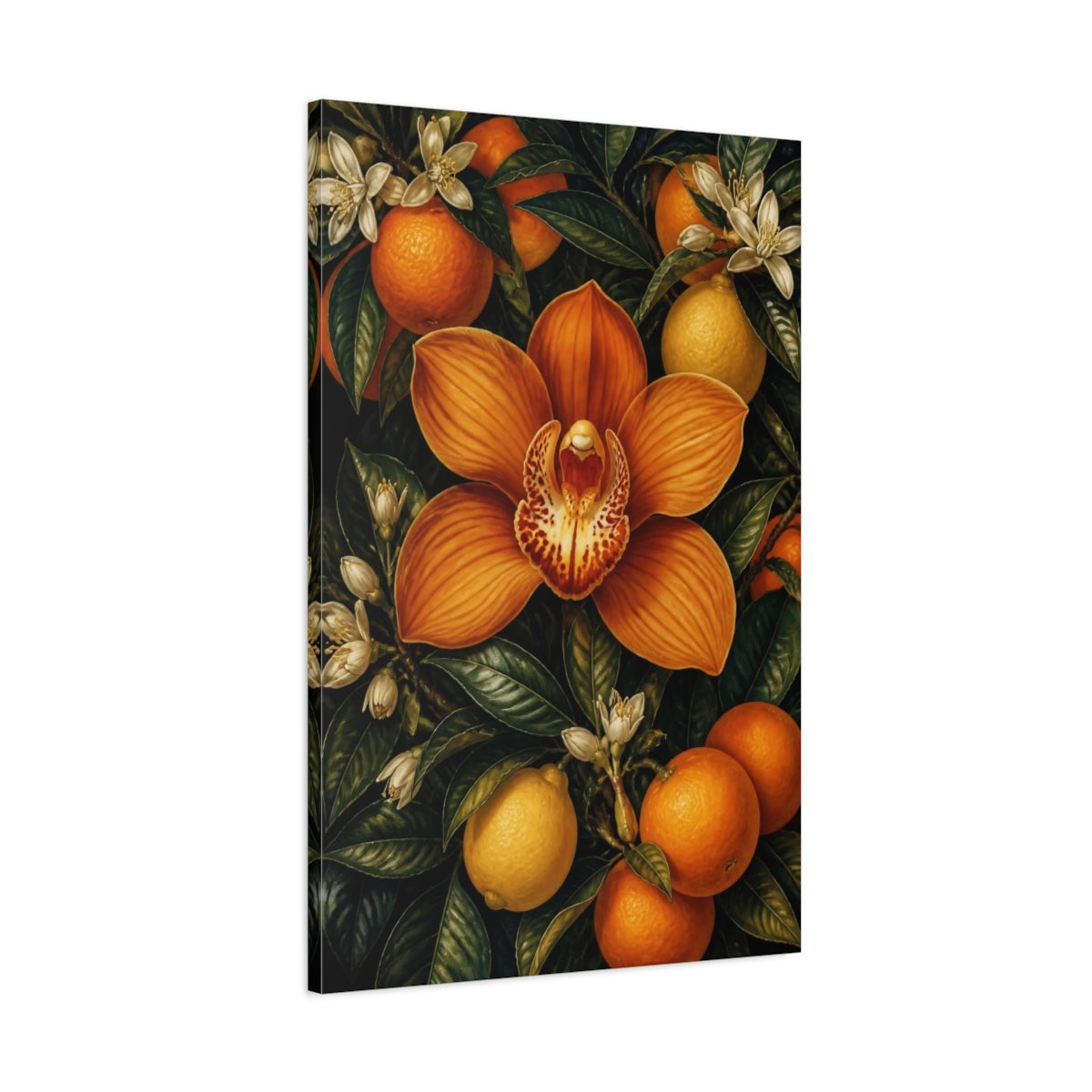 Main Mockup. Orange Orchid Flowers shown as canvas print