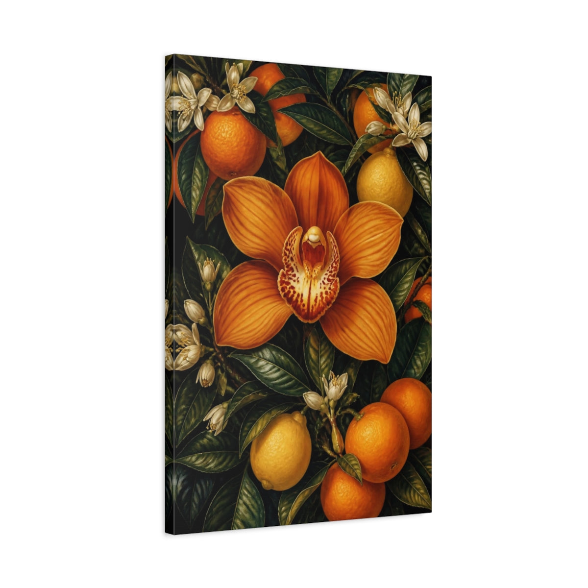 Side Mockup 2. Orange Orchid Flowers shown as canvas print