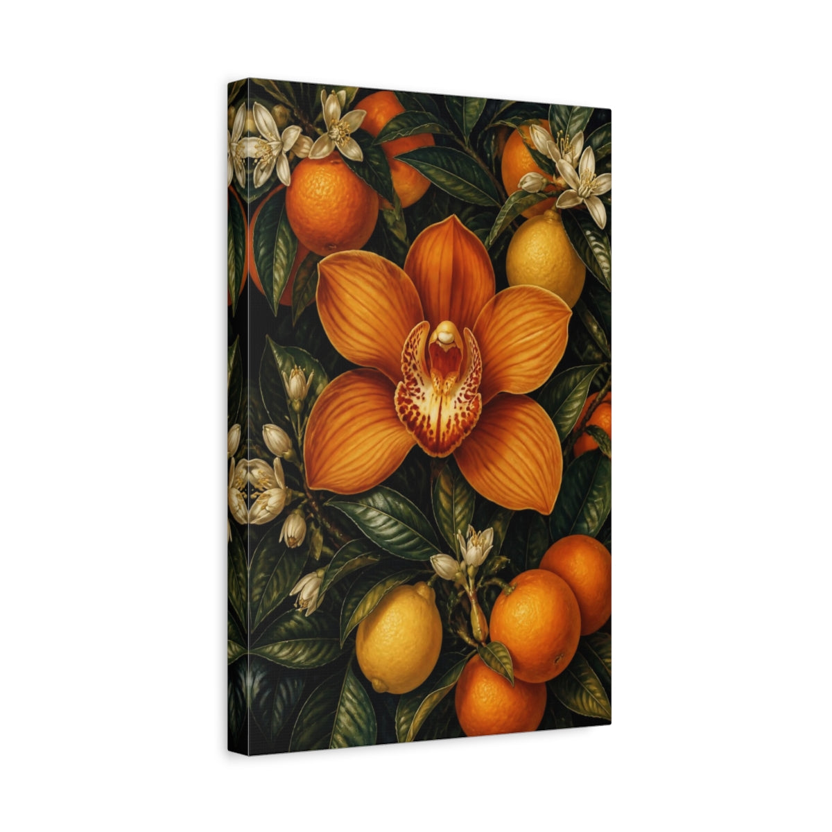 Side Mockup 4. Orange Orchid Flowers shown as canvas print