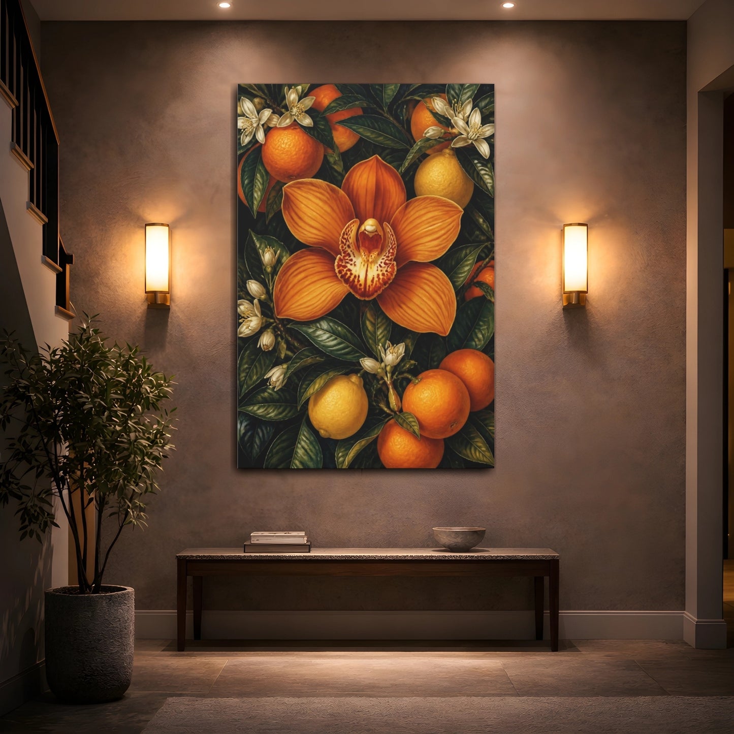 Mockup 2. Orange Orchid Flowers shown as canvas print