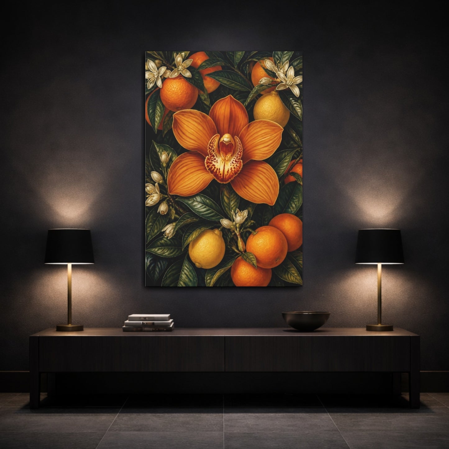Mockup 3. Orange Orchid Flowers shown as canvas print