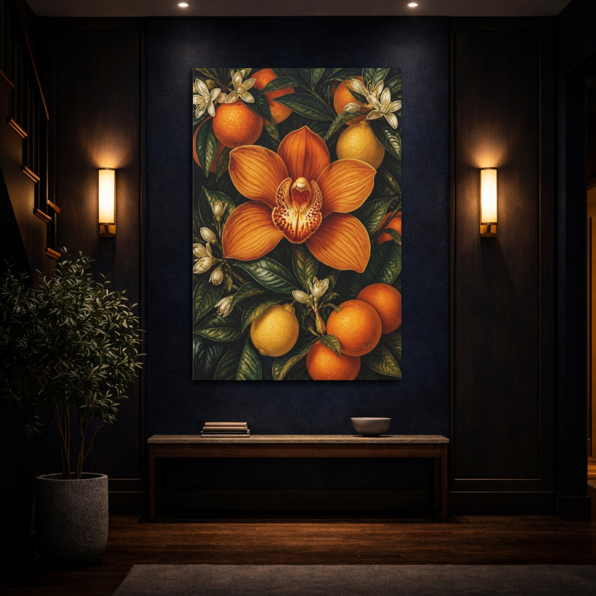 Mockup 4. Orange Orchid Flowers shown as canvas print