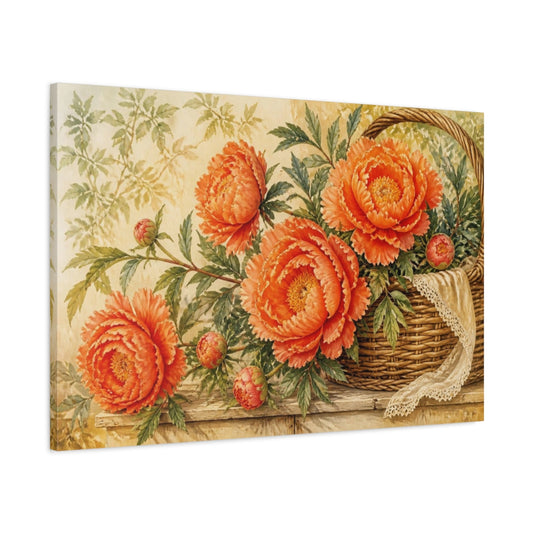 Main Mockup. Orange Peonies In Woven Basket shown as canvas print