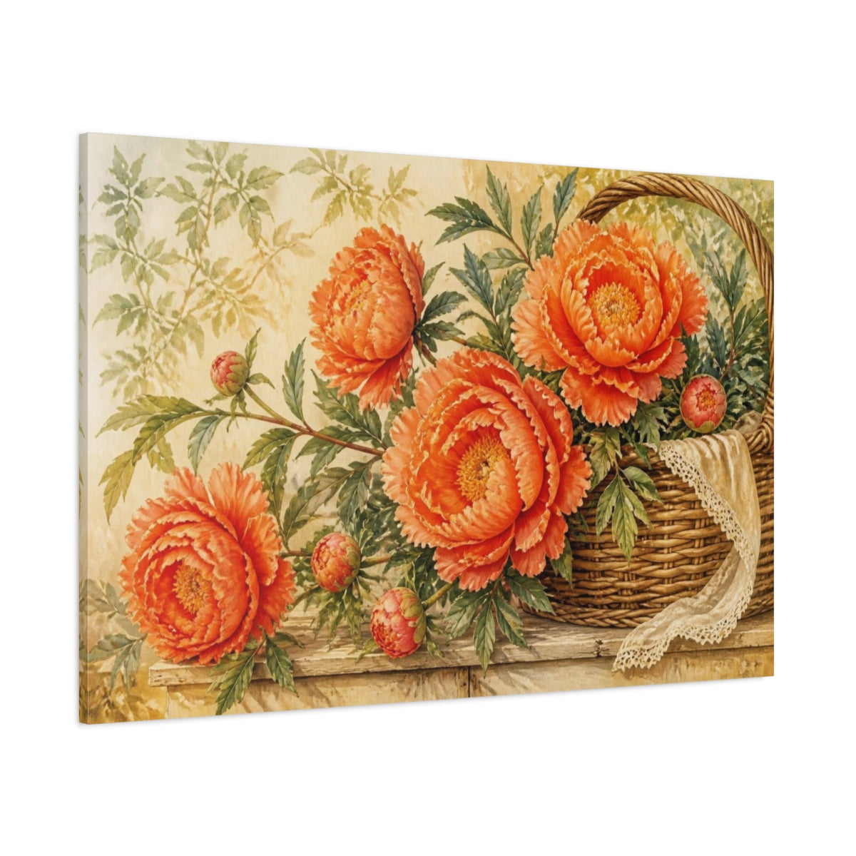 Side Mockup 1. Orange Peonies In Woven Basket shown as canvas print