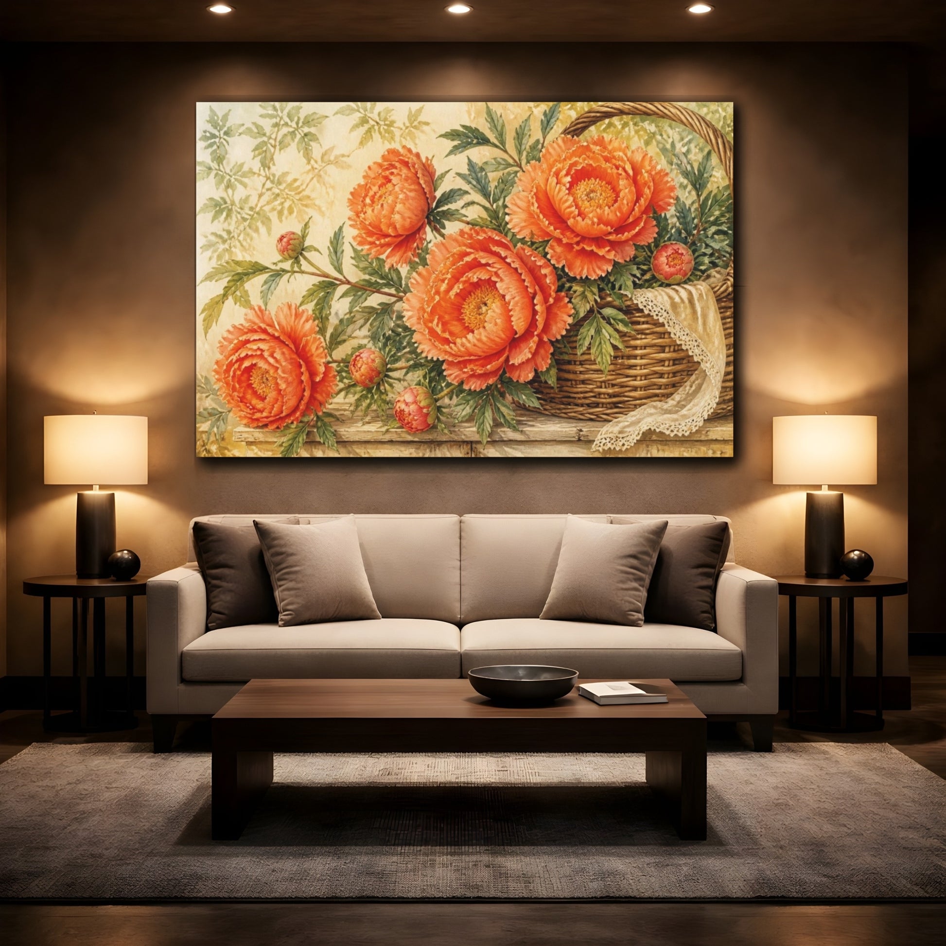 Mockup 2. Orange Peonies In Woven Basket shown as canvas print