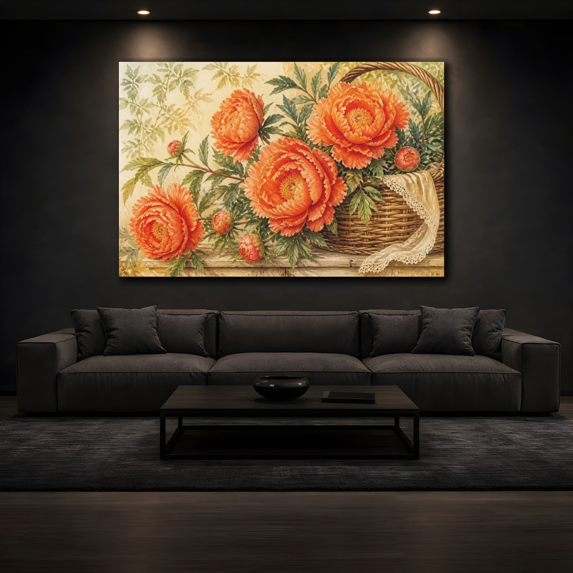Mockup 3. Orange Peonies In Woven Basket shown as canvas print