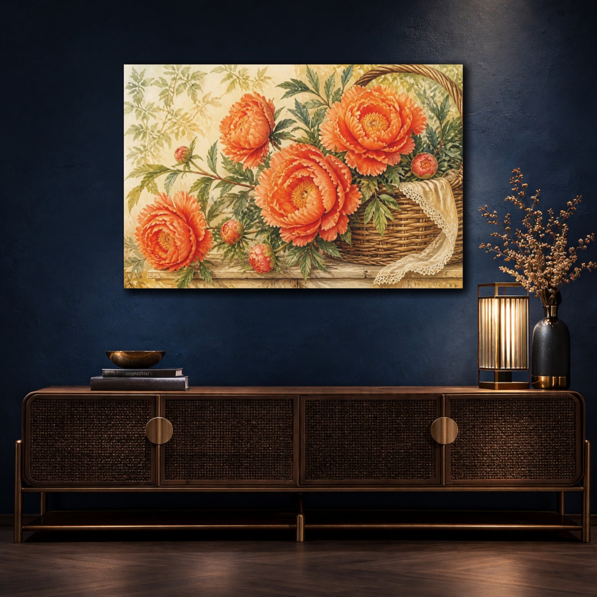 Mockup 4. Orange Peonies In Woven Basket shown as canvas print