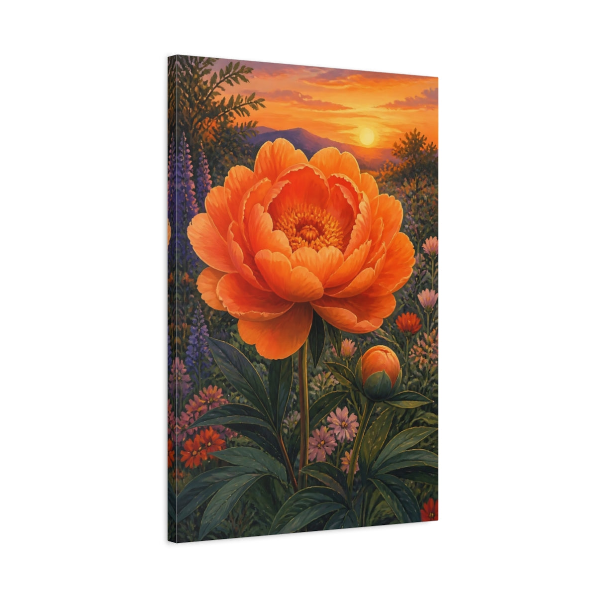 Side Mockup 2. Orange Peony Flower shown as canvas print