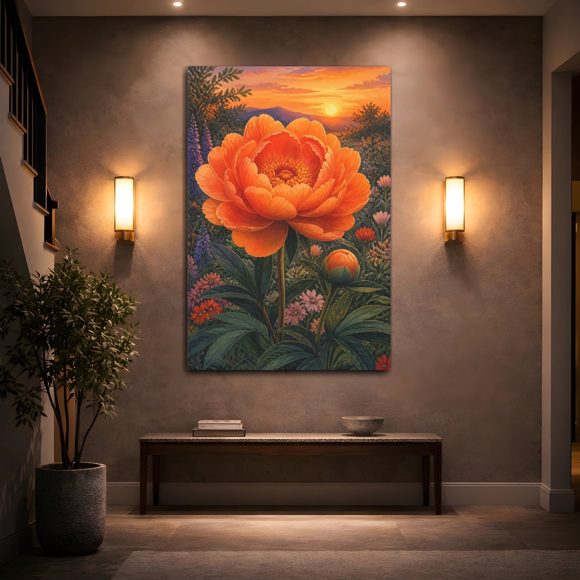 Mockup 2. Orange Peony Flower shown as canvas print