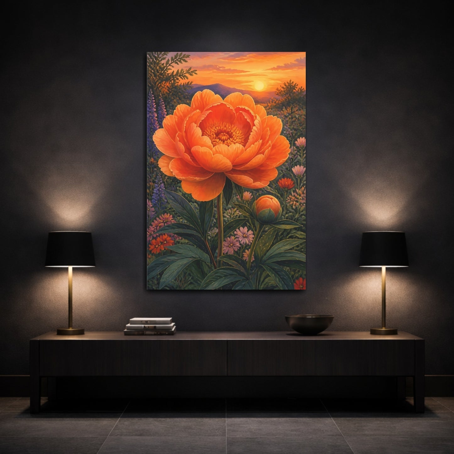 Mockup 3. Orange Peony Flower shown as canvas print