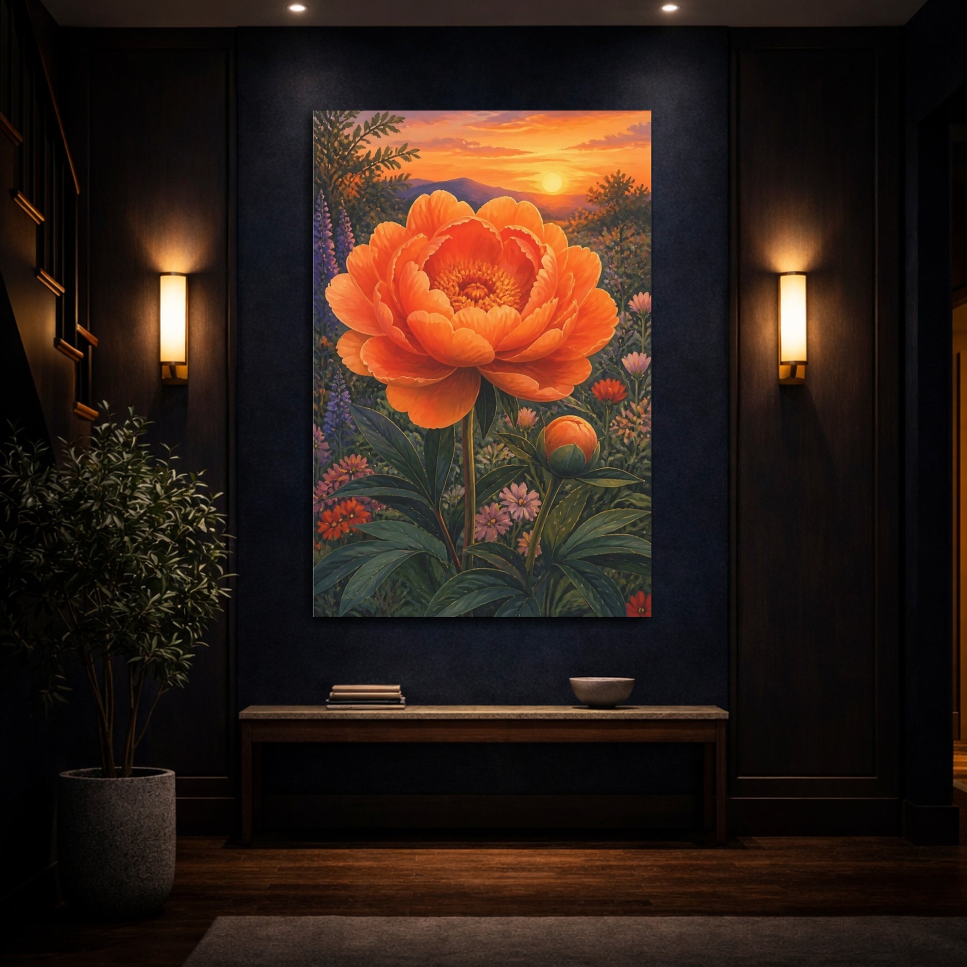 Mockup 4. Orange Peony Flower shown as canvas print