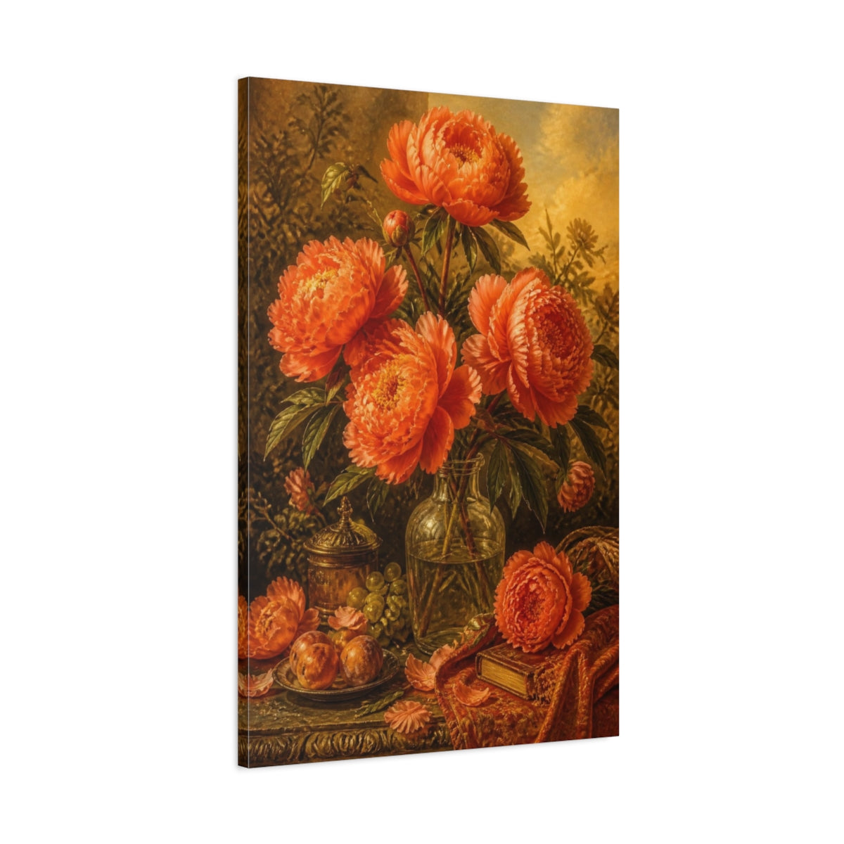 Main Mockup. Orange Peony Flowers In Bottle shown as canvas print