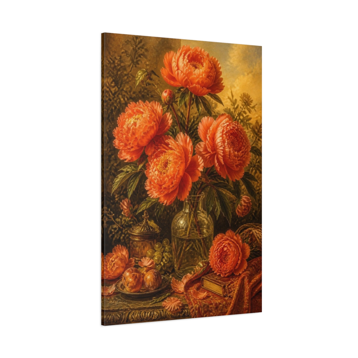 Side Mockup 1. Orange Peony Flowers In Bottle shown as canvas print