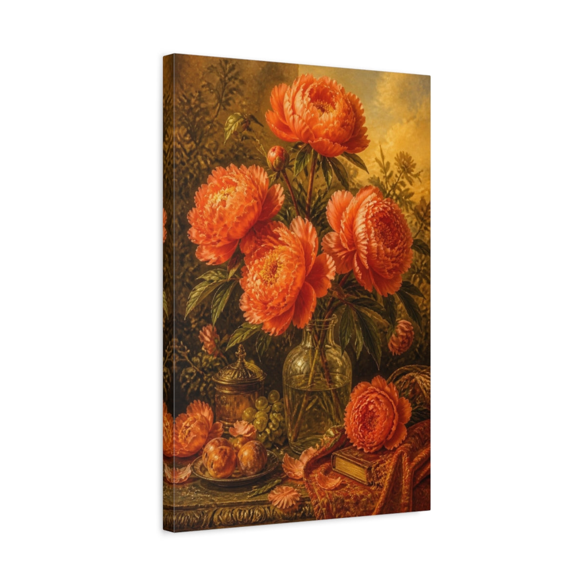 Side Mockup 3. Orange Peony Flowers In Bottle shown as canvas print