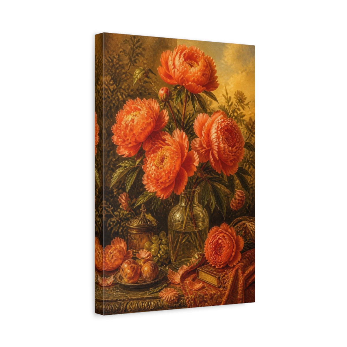 Side Mockup 4. Orange Peony Flowers In Bottle shown as canvas print