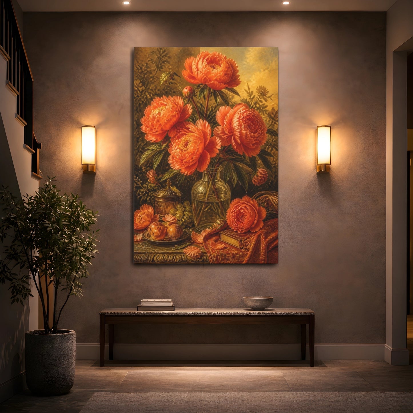 Mockup 2. Orange Peony Flowers In Bottle shown as canvas print