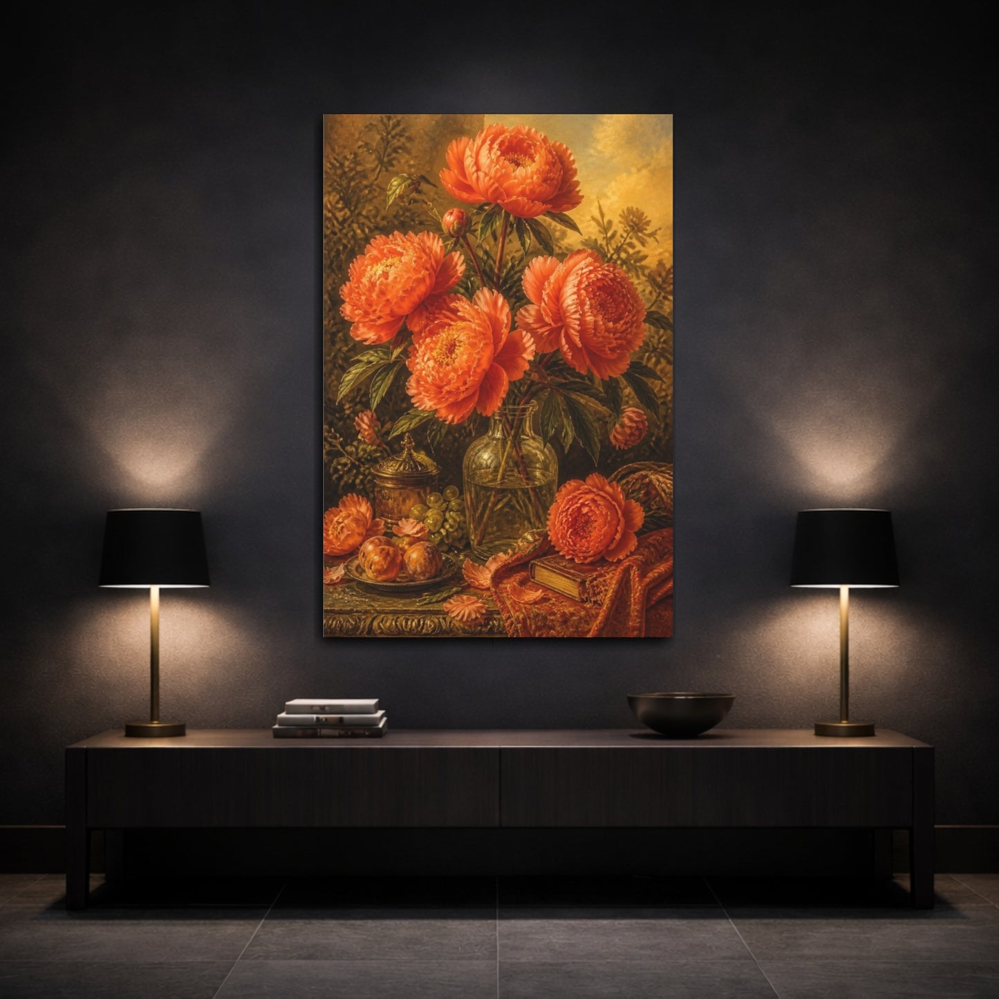Mockup 3. Orange Peony Flowers In Bottle shown as canvas print
