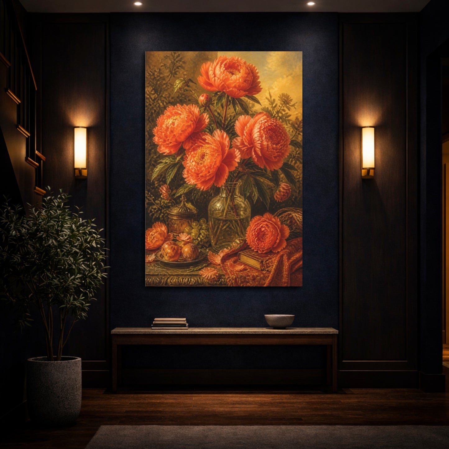 Mockup 4. Orange Peony Flowers In Bottle shown as canvas print