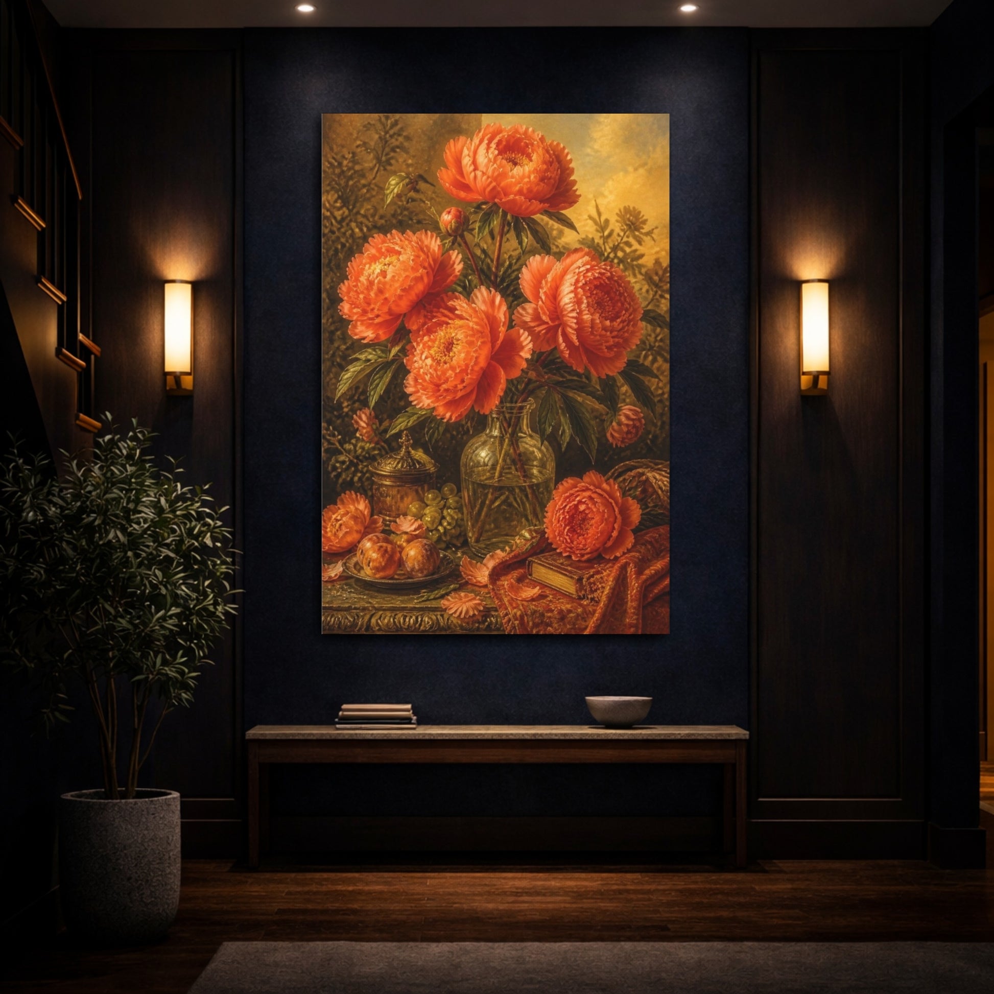 Mockup 4. Orange Peony Flowers In Bottle shown as canvas print
