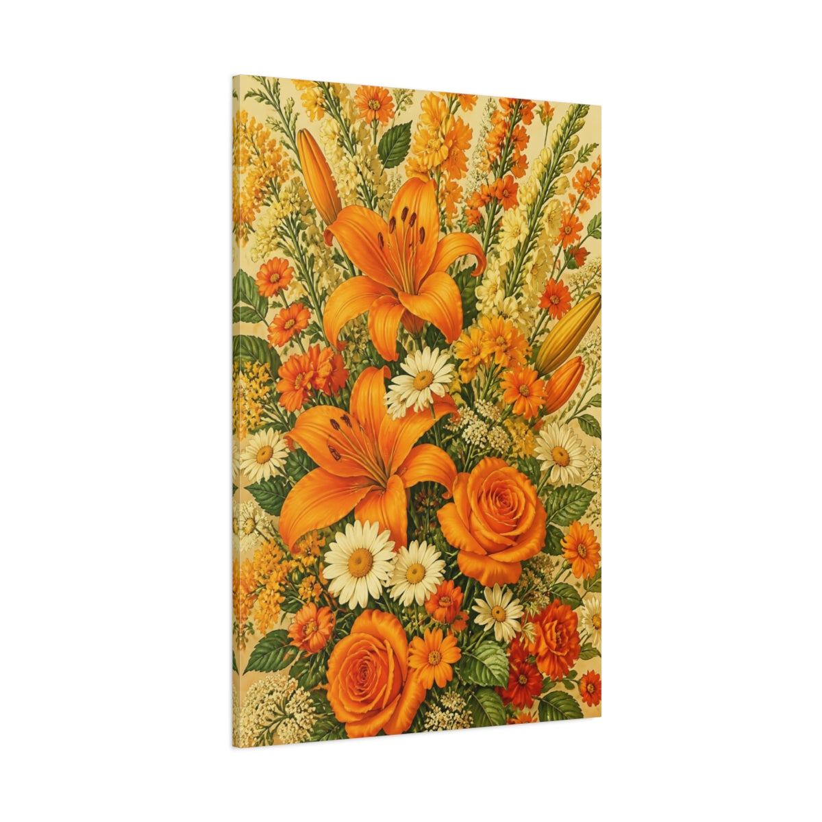 Side Mockup 1. Orange Summer Flowers shown as canvas print
