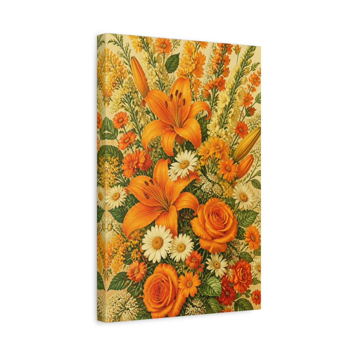 Side Mockup 4. Orange Summer Flowers shown as canvas print