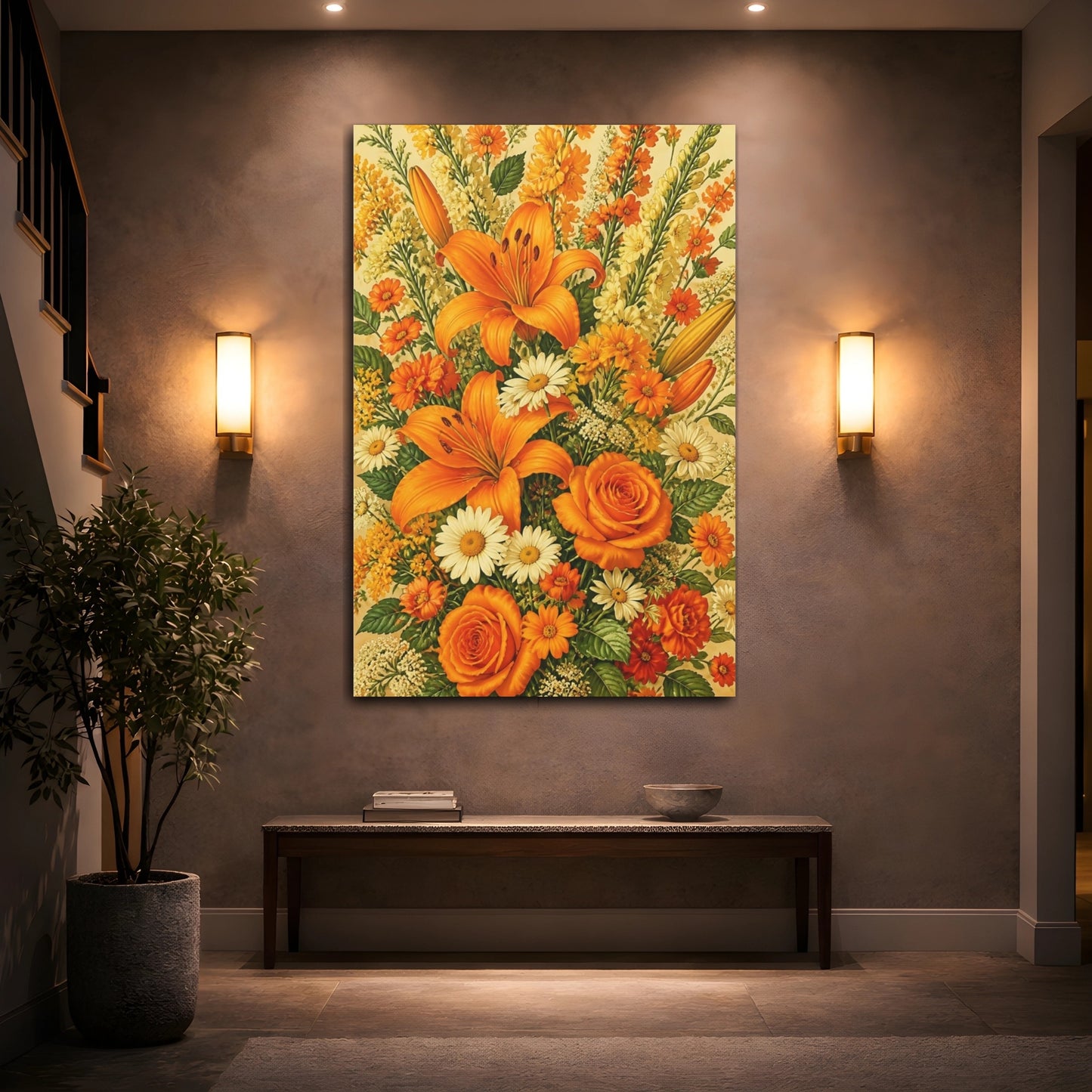 Mockup 2. Orange Summer Flowers shown as canvas print