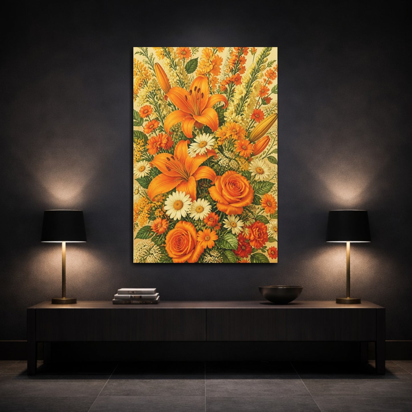 Mockup 3. Orange Summer Flowers shown as canvas print