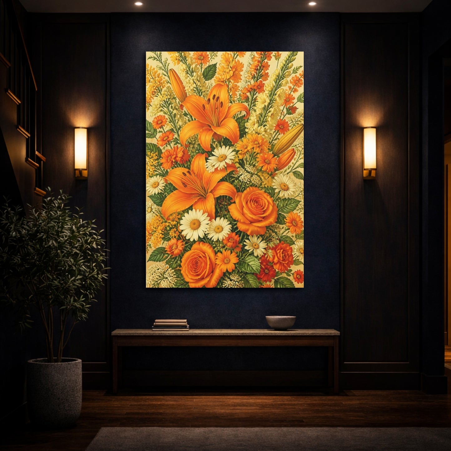 Mockup 4. Orange Summer Flowers shown as canvas print