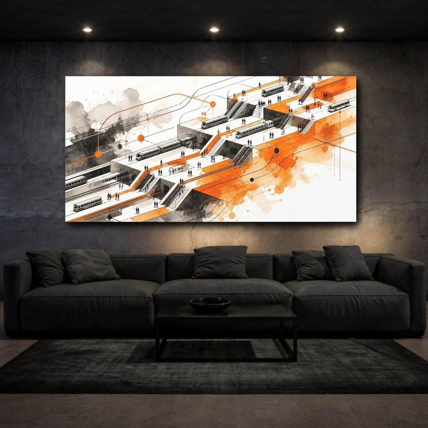 Mockup 3. Orange Train Station Hub shown as canvas print