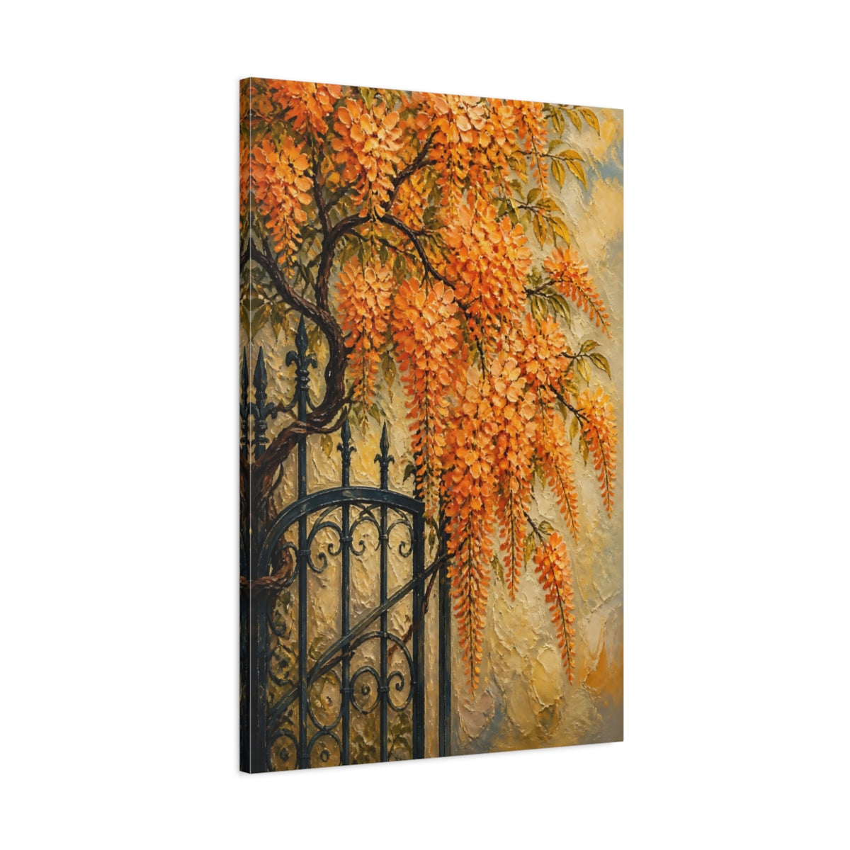 Main Mockup. Orange Wisteria Flowers shown as canvas print