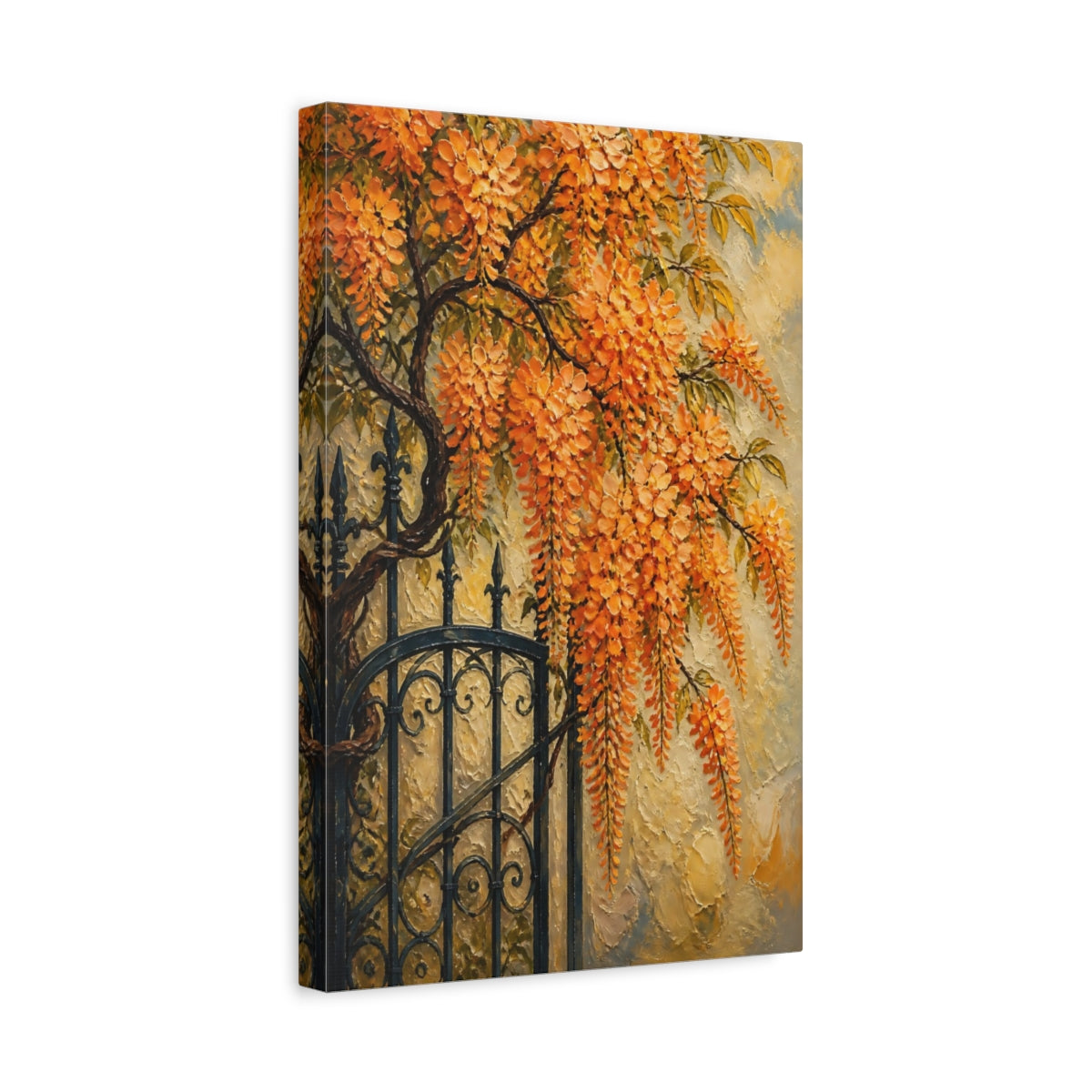 Side Mockup 4. Orange Wisteria Flowers shown as canvas print