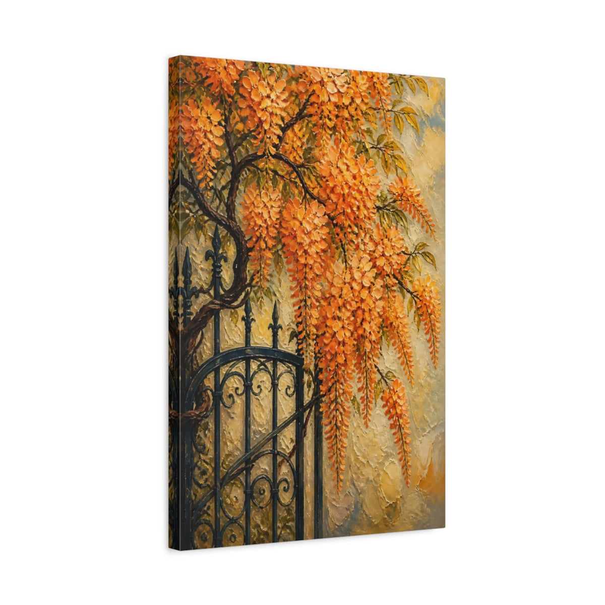 Side Mockup 3. Orange Wisteria Flowers shown as canvas print