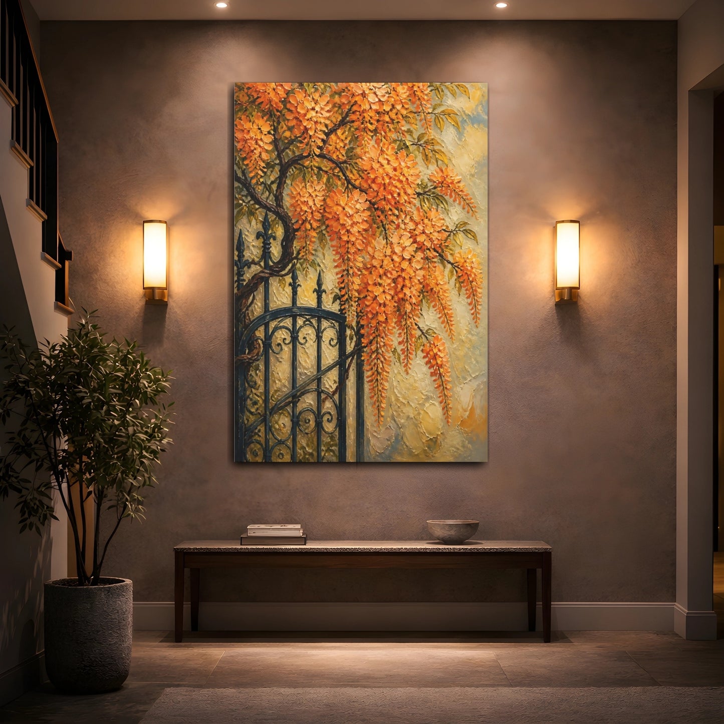 Mockup 2. Orange Wisteria Flowers shown as canvas print