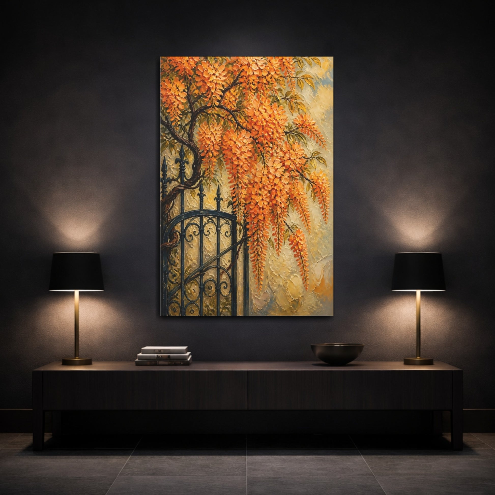 Mockup 3. Orange Wisteria Flowers shown as canvas print