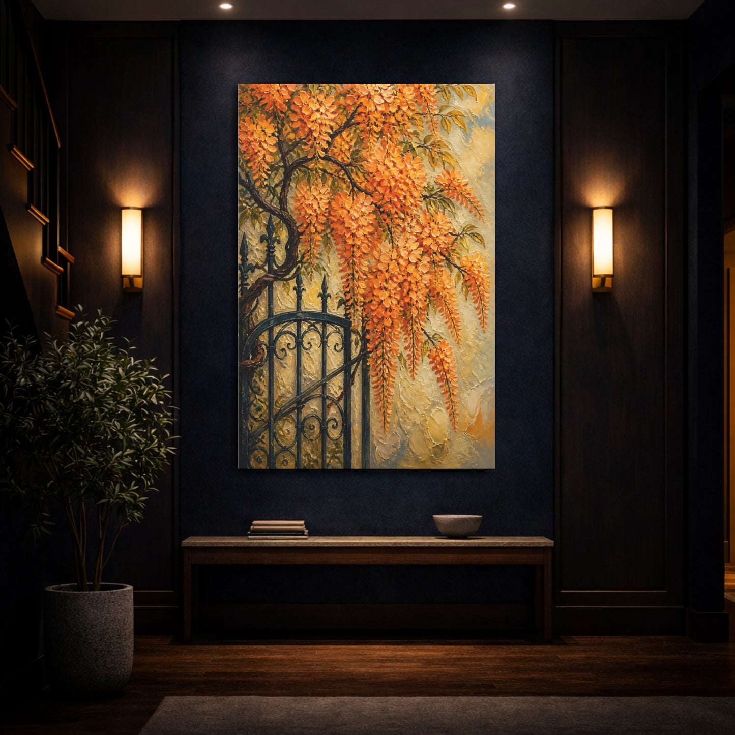 Mockup 4. Orange Wisteria Flowers shown as canvas print