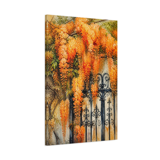 Main Mockup. Orange Wisteria Gate shown as canvas print
