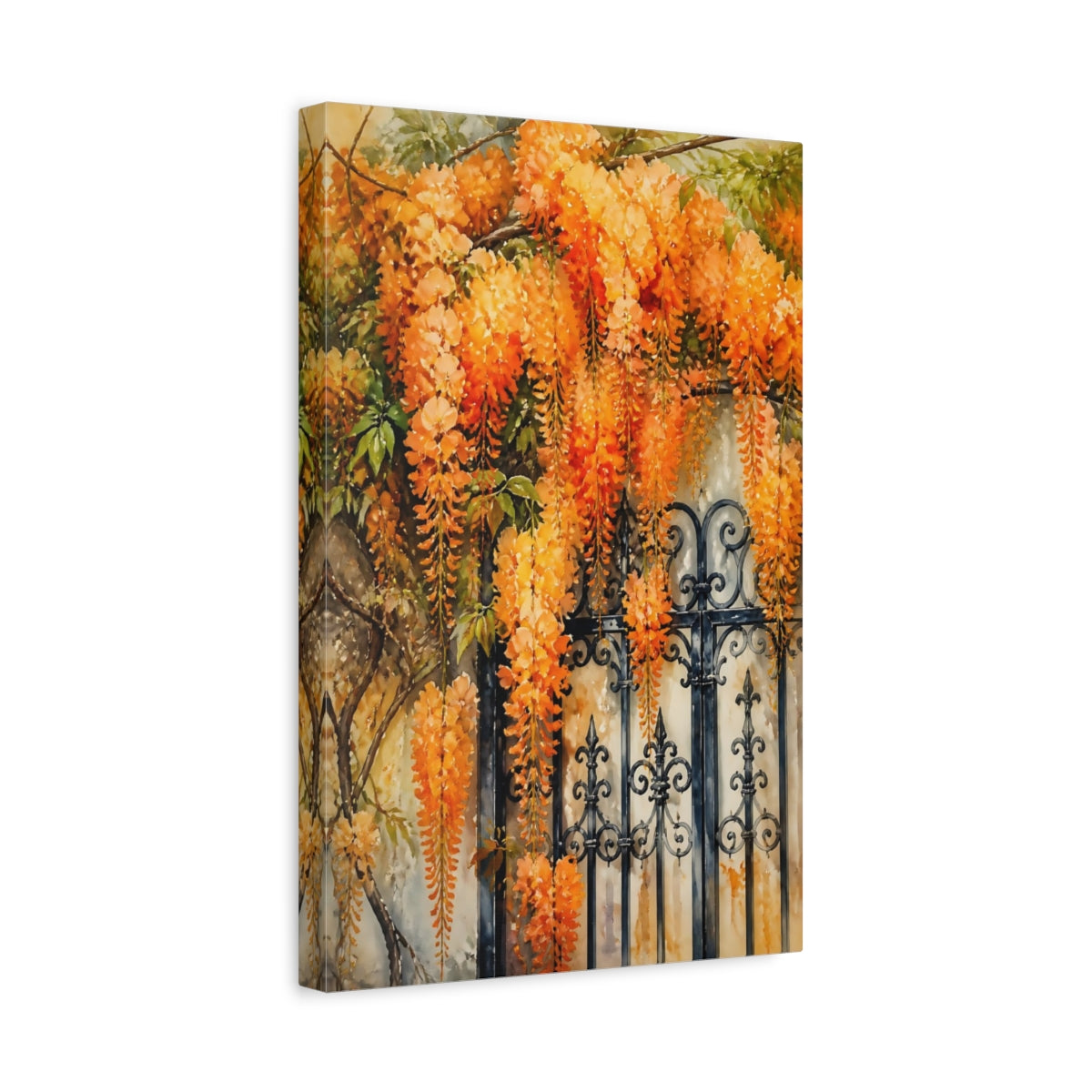 Side Mockup 4. Orange Wisteria Gate shown as canvas print