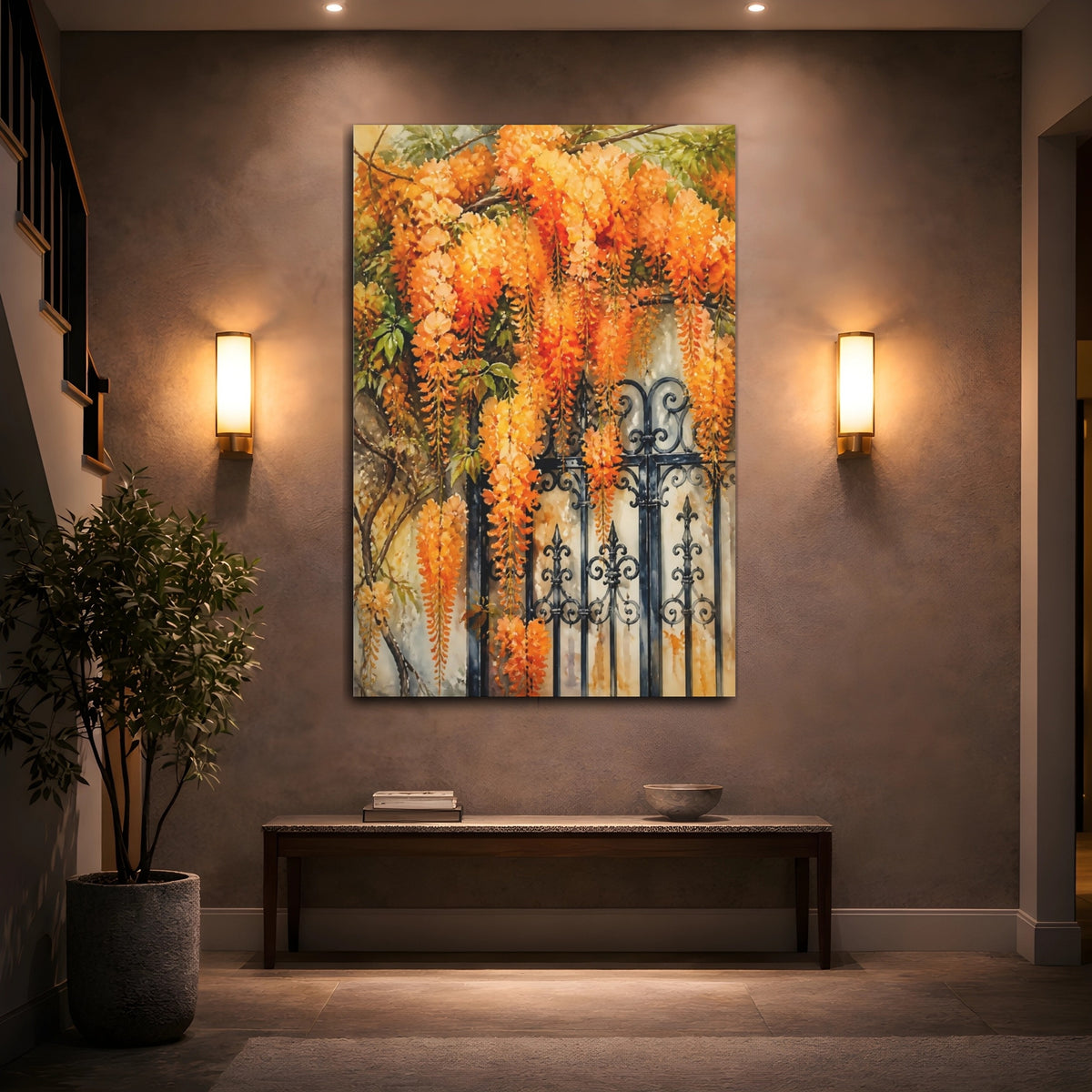 Mockup 2. Orange Wisteria Gate shown as canvas print