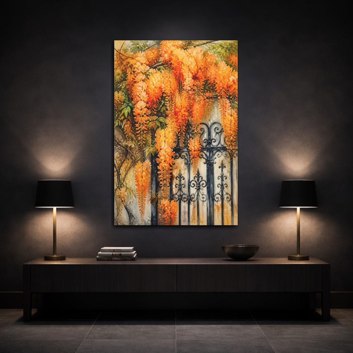 Mockup 3. Orange Wisteria Gate shown as canvas print