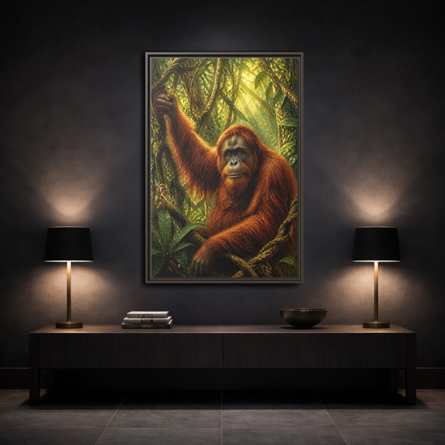 Mockup 3. Orangutan Jungle Animals shown as framed canvas print