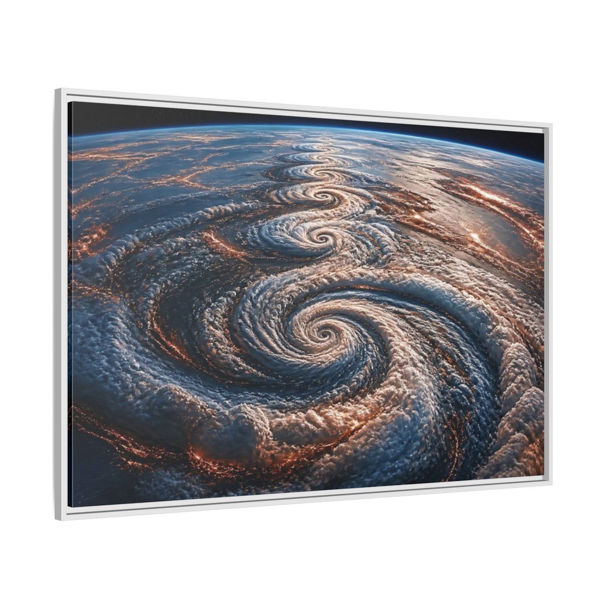 Side Mockup 7. Orbital Spiral Storm shown as framed canvas print