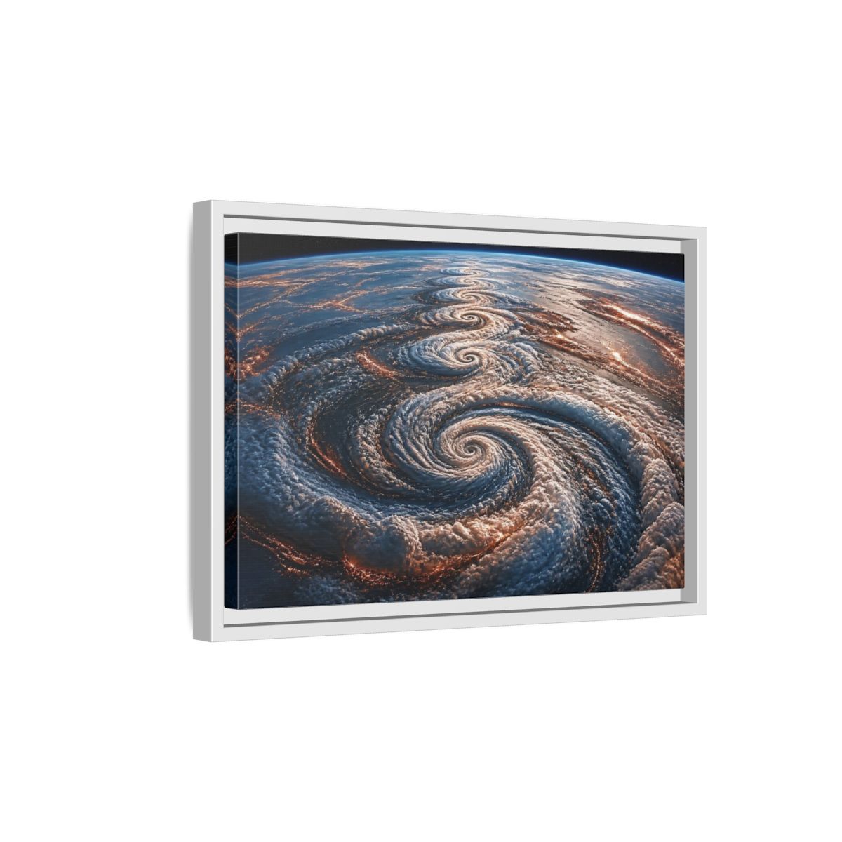 Side Mockup 4. Orbital Spiral Storm shown as framed canvas print