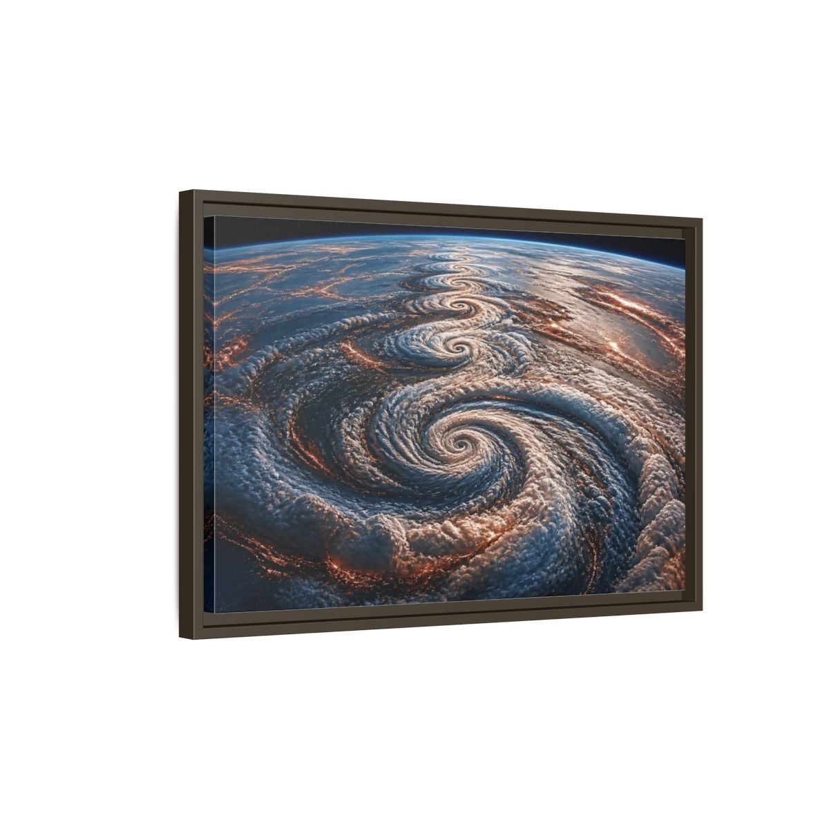 Side Mockup 2. Orbital Spiral Storm shown as framed canvas print