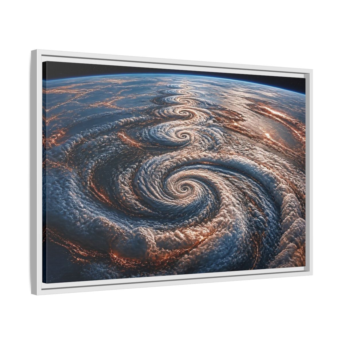 Side Mockup 10. Orbital Spiral Storm shown as framed canvas print