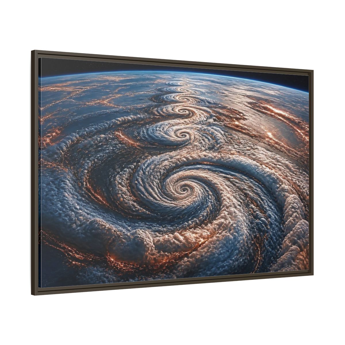 Side Mockup 8. Orbital Spiral Storm shown as framed canvas print