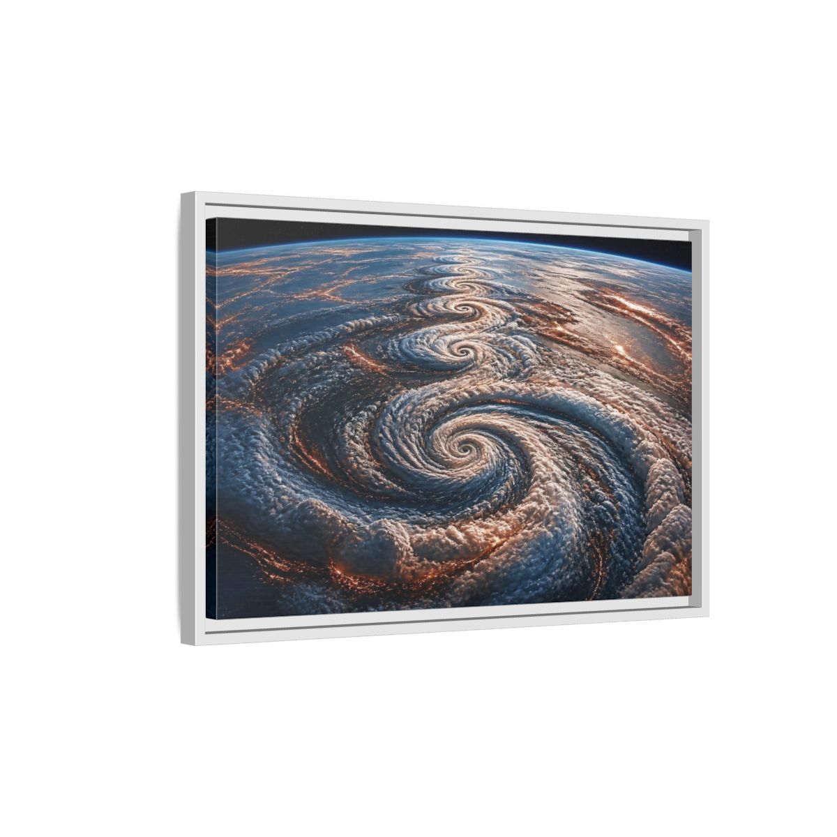 Side Mockup 1. Orbital Spiral Storm shown as framed canvas print