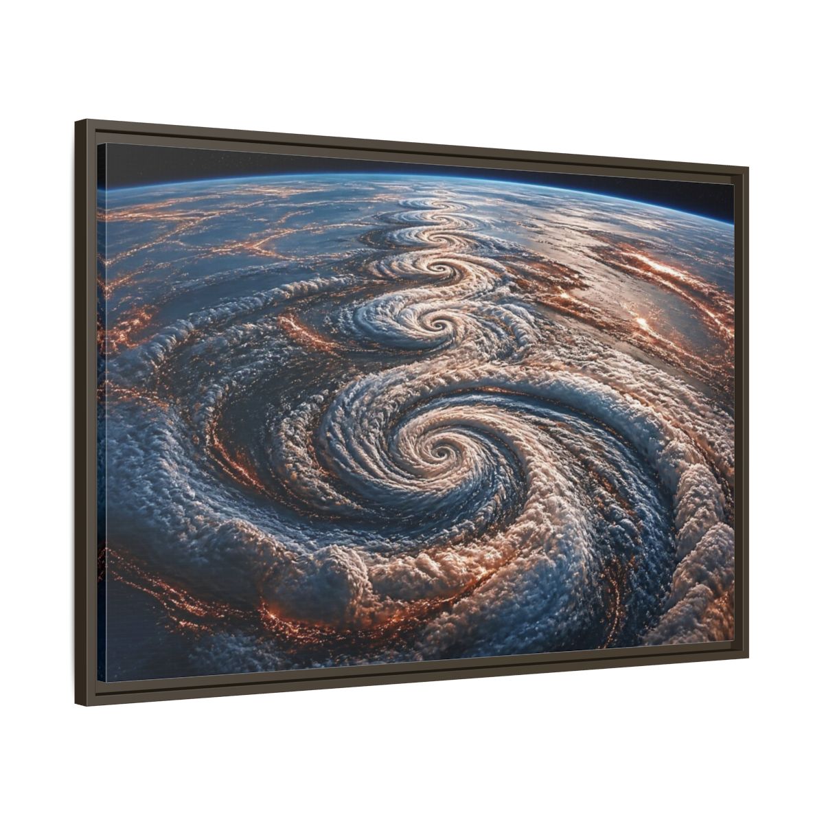 Main Mockup. Orbital Spiral Storm shown as framed canvas print