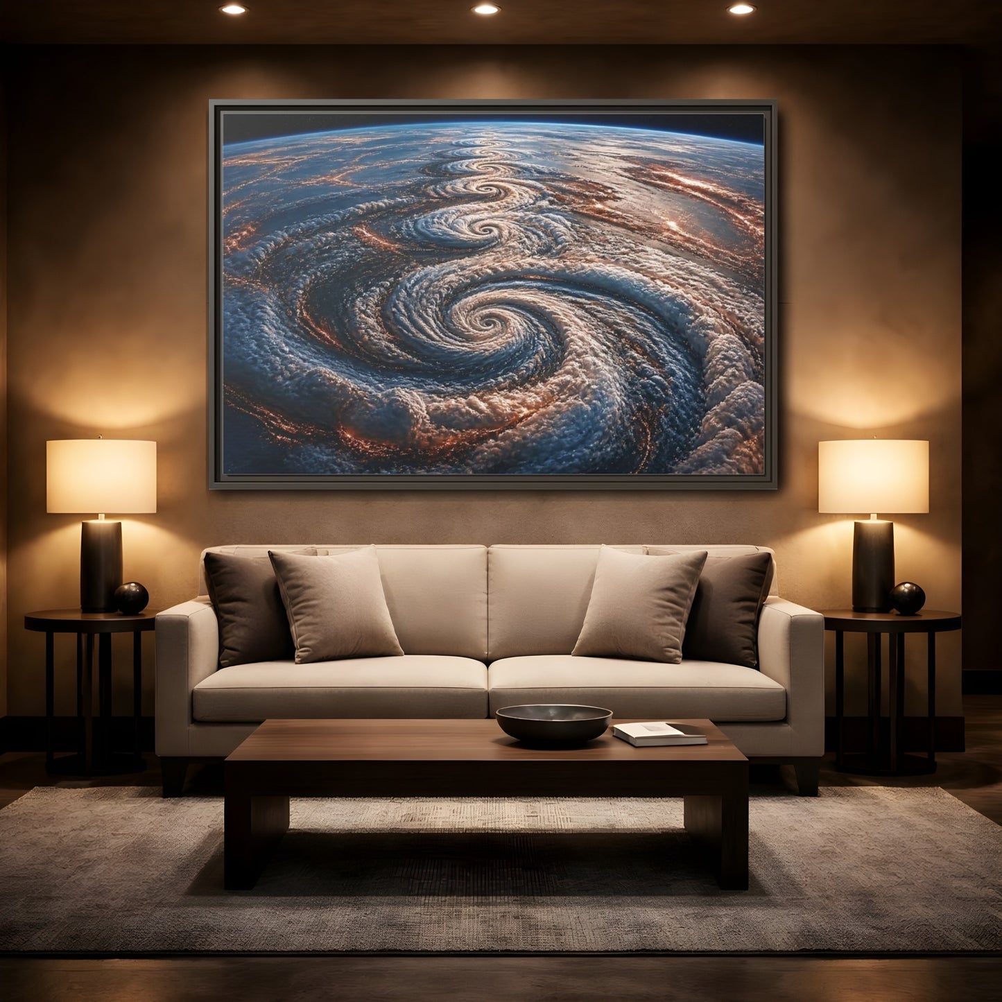 Mockup 2. Orbital Spiral Storm shown as framed canvas print