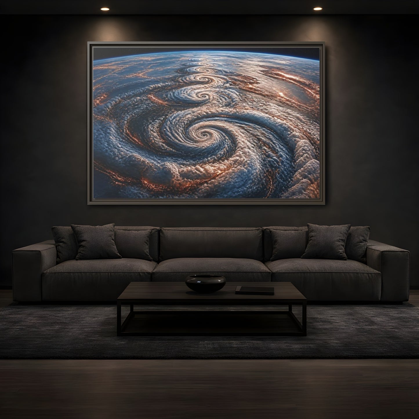 Mockup 3. Orbital Spiral Storm shown as framed canvas print